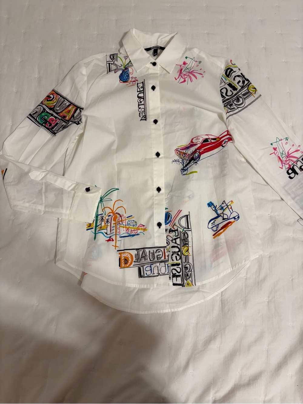 Desigual White Button-Down Shirt with Multi-Color Graphic Motifs